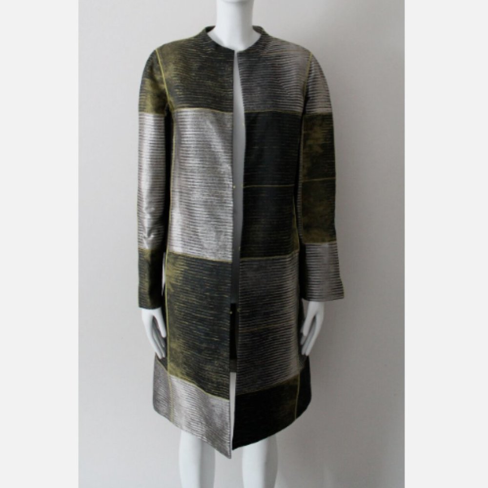 NWOT Lafayette 148 Metallic Long Coat Stripe Gold Green Size S/M